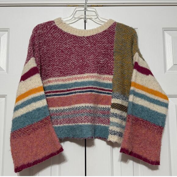 fab'rik Color-Blocked Striped Fuzzy Wool Blend Cropped Sweater, Size M - Picture 1 of 5